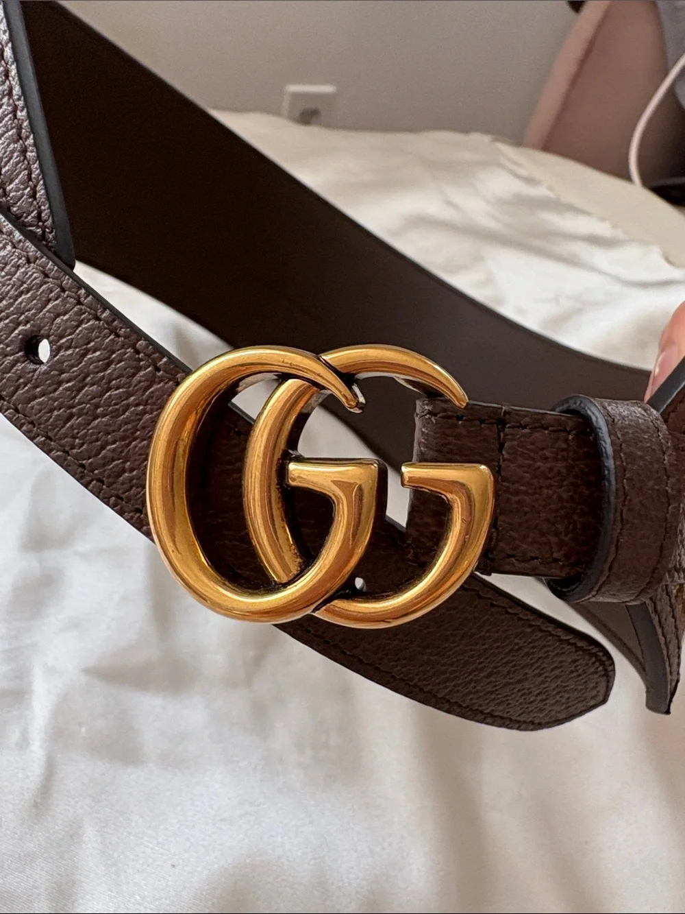 NEW Gucci Brown Canvas & Leather Belt with Gold Double G Ring Buckle